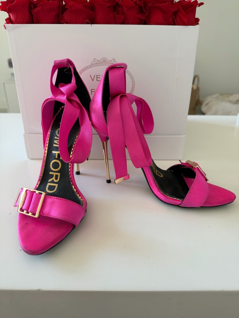 Tom Ford Hot Pink Satin Ankle-Tie Heels with Gold Buckles - Picture 2 of 4